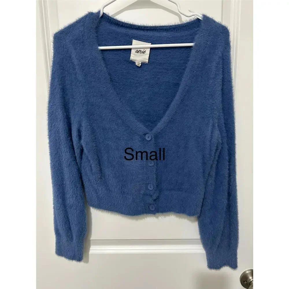 Aerie Blue Fuzzy V-Neck Button-Up Sweater‎ Small